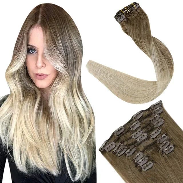 Ugeat Clip In Human Hair Extensions Blonde Color Seamless Invisible Full Head Balayage Soft Remy Hair Extensions For Salon