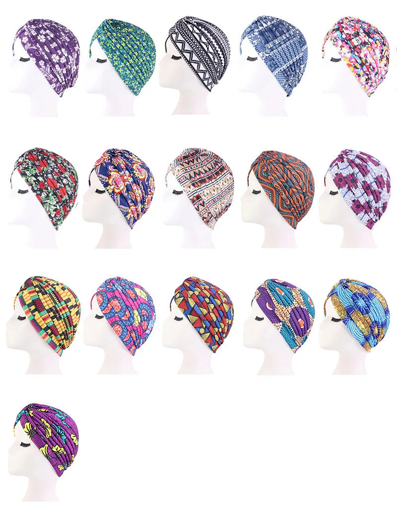 2022 New Print African Headtie Turban Cap Soft Stretch Twisted Pleated Beanie Head Wrap for Women Chemo Bonnet