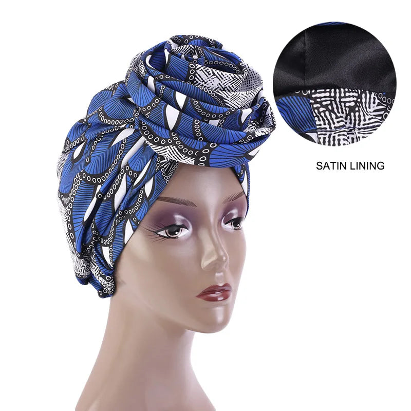 African Print Stretch Bandana Head Wrap Long Scarf Satin Floral Ankara Dashiki Women Party Turban Headwear Cap Hair Accessories
