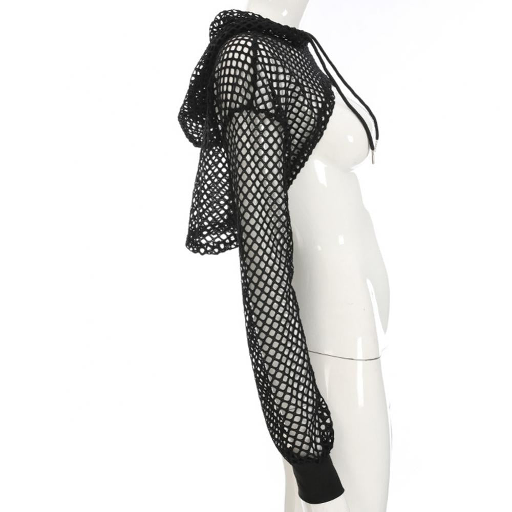 Hot Women t shirt Casual Vest Bra Cover Fish Net Hollow out Drawstring Micro Length Hoodie Crop Tanks Top Oversize Women t shirt