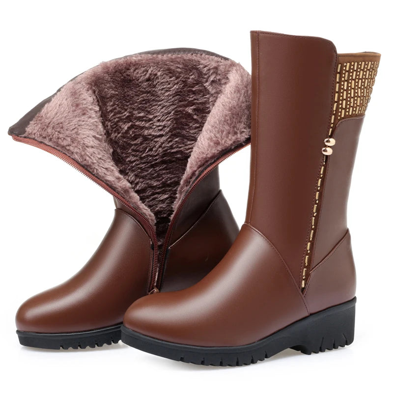 GKTINOO 2026 New Winter Cow Leather Boots For Women Shoes Wedges Inside Plush Wool Snow Boots Plus Size In-tube Boot Women Boots