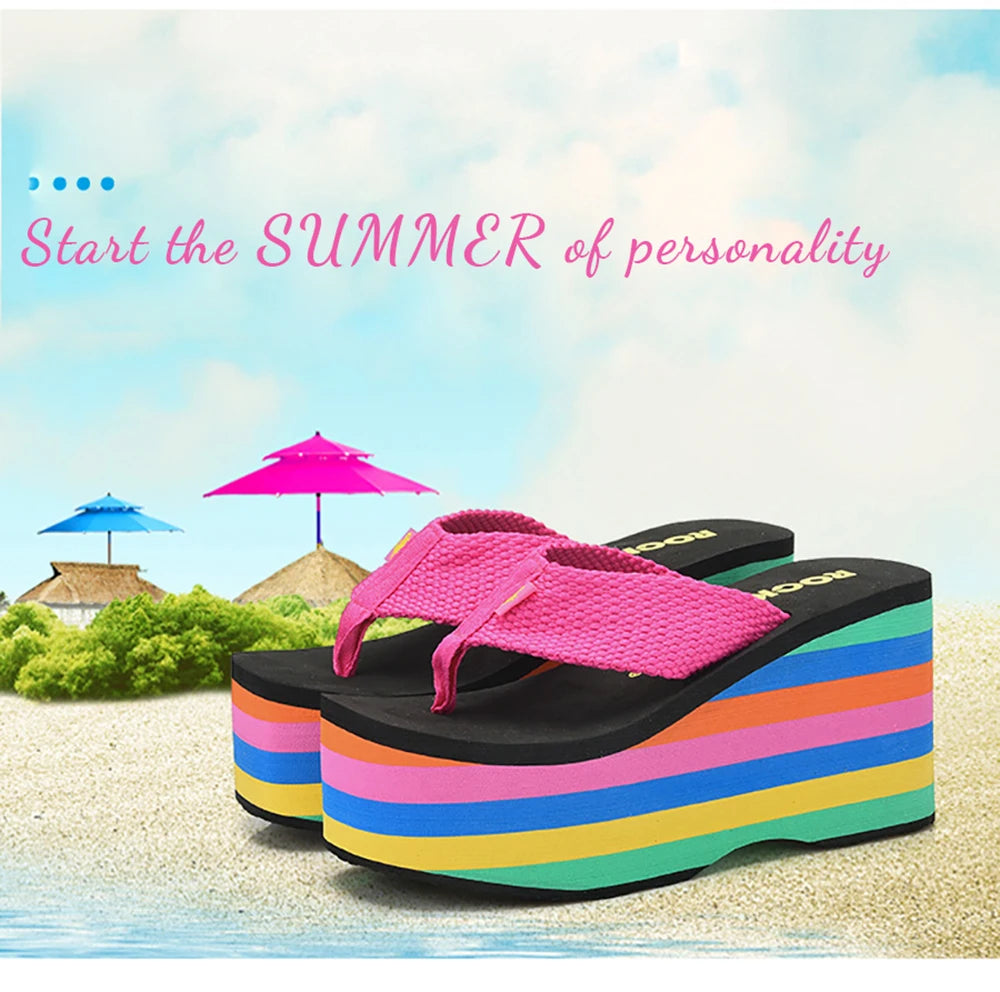 Women Flip Flops Beach Shoes Wedge Sandals Super High 10CM Heels Casual Peep Toe Platform Slippers Rainbow Summer Woman Slippers