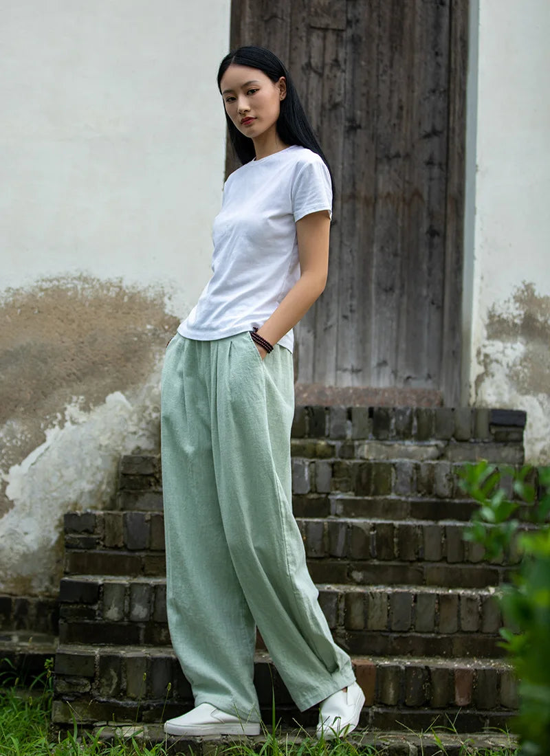 Johnature Women Loose Cotton Linen Casual Pants Solid Color Elastic Waist Lantern Pants 2025 Spring New Female Trousers