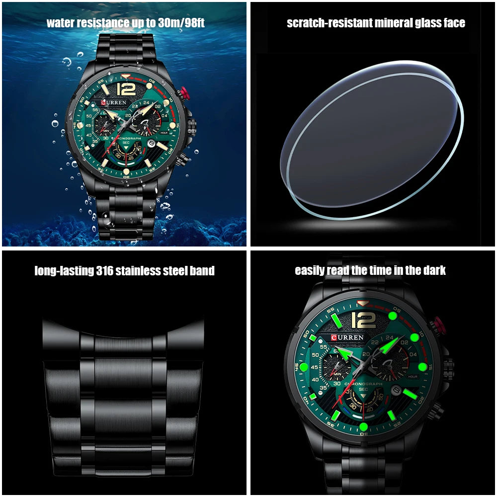 CURREN Luxury Brand Sport Wristwatches for Man Luminous Quartz Watches Casual Chronograph Stainless Steel Male Clock