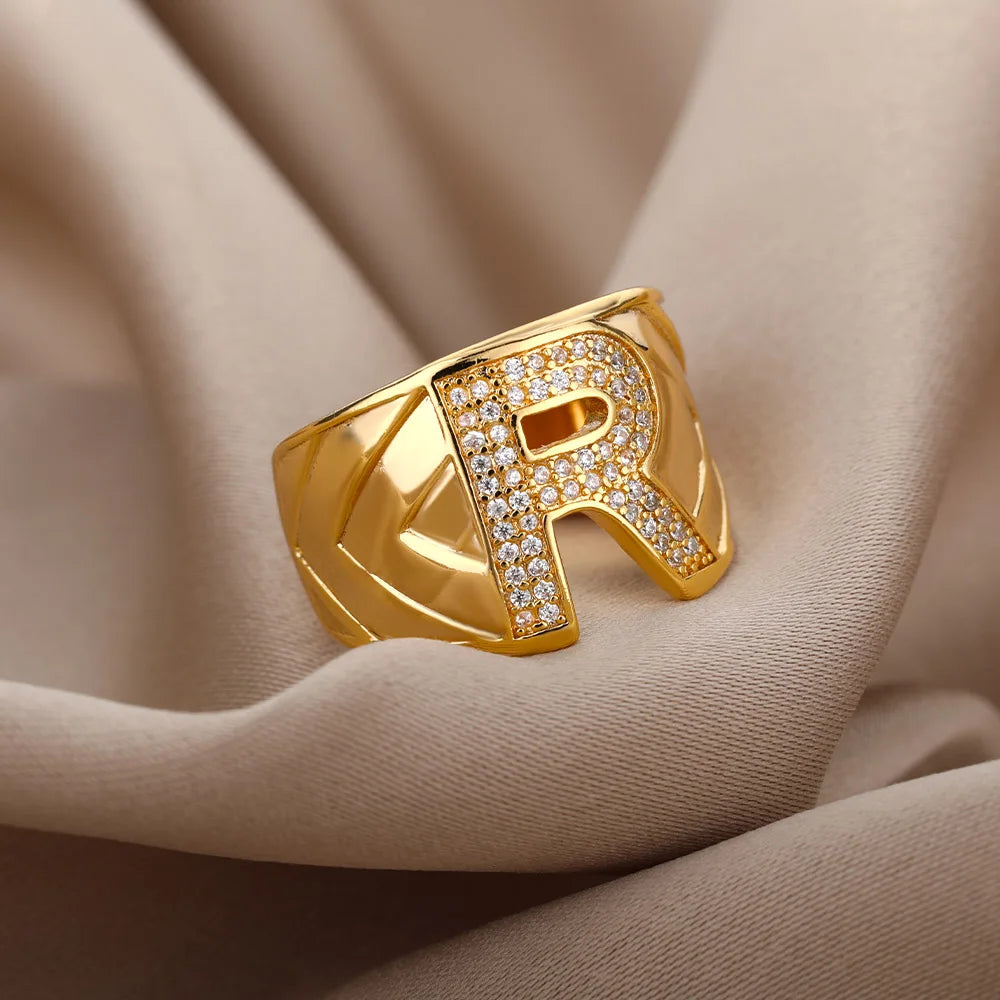 Chunky Wide Zircon Initial Letter Rings For Women Stainless Steel Opening Finger Ring Hip Hop Minimalist Jewelry Gift Femme