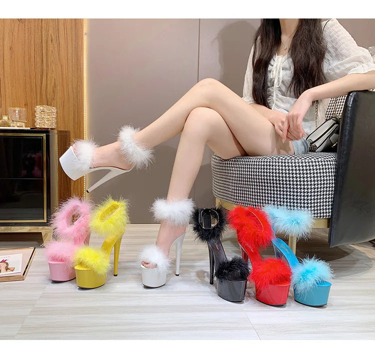 17CM Fur Womens Party Shoes Fashion 2023 Summer Sexy Exquisite Open Toe Ladies Shoes Female Stiletto Super High Heel Sandals