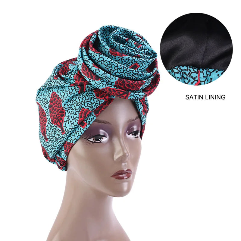 African Print Stretch Bandana Head Wrap Long Scarf Satin Floral Ankara Dashiki Women Party Turban Headwear Cap Hair Accessories