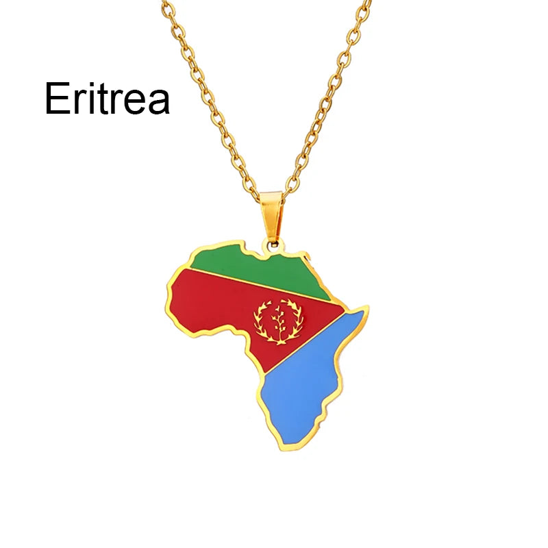 African Map Flag Pendant Necklace Stainless Steel Men Women Rwanda Sudan Uganda Zimbabwe Zambia Ethnic Maps Jewelry Gift