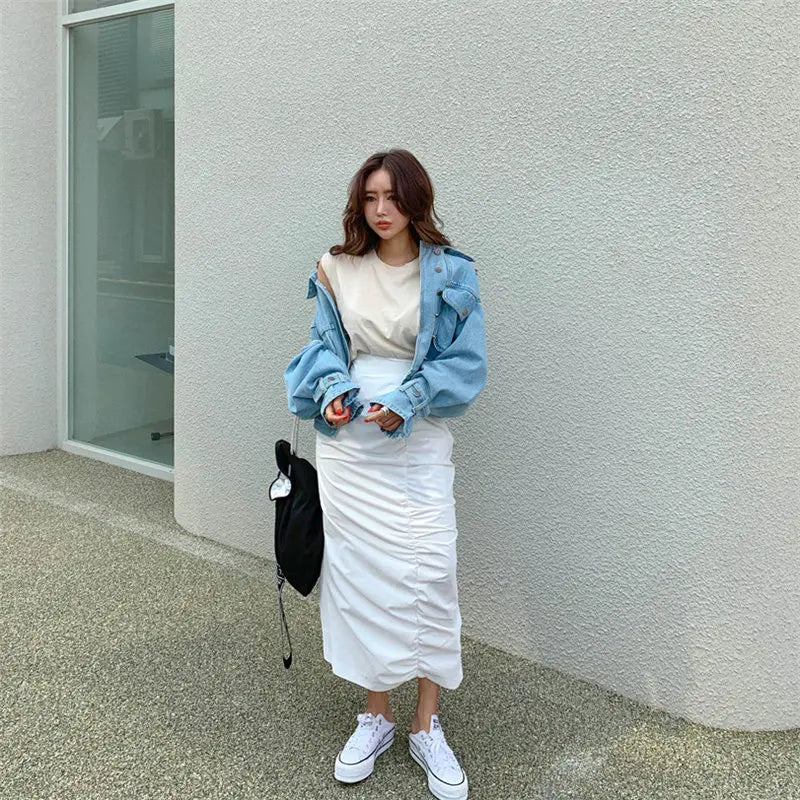 Autumn Denim Jacket Women Chic Casual Boyfriend Style Office Lady Loose Fit Coat
