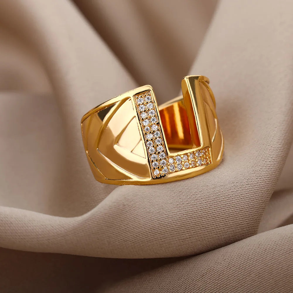 Chunky Wide Zircon Initial Letter Rings For Women Stainless Steel Opening Finger Ring Hip Hop Minimalist Jewelry Gift Femme