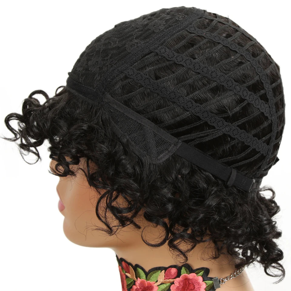 Sleek Short Human Hair Wigs 100% Remy Brazilian Curly Human Hair Wig 10 Inch Water Wave  Wig Natural Black Wigs For Black Women