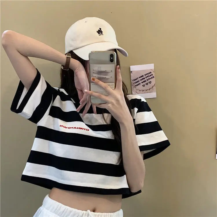 Black White Striped Cropped Top Women Summer New Korean Loose Short-sleeved T-shirt Fashion Egirl Letter Print Oversized Shirt