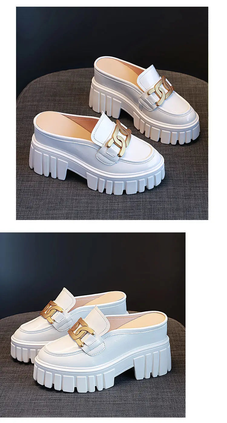 Leather Closed Toe Half Slippers Women Summer 2023 New Fashion Thick Bottom Internet Celebrity Lazy Sandals Shoes Women