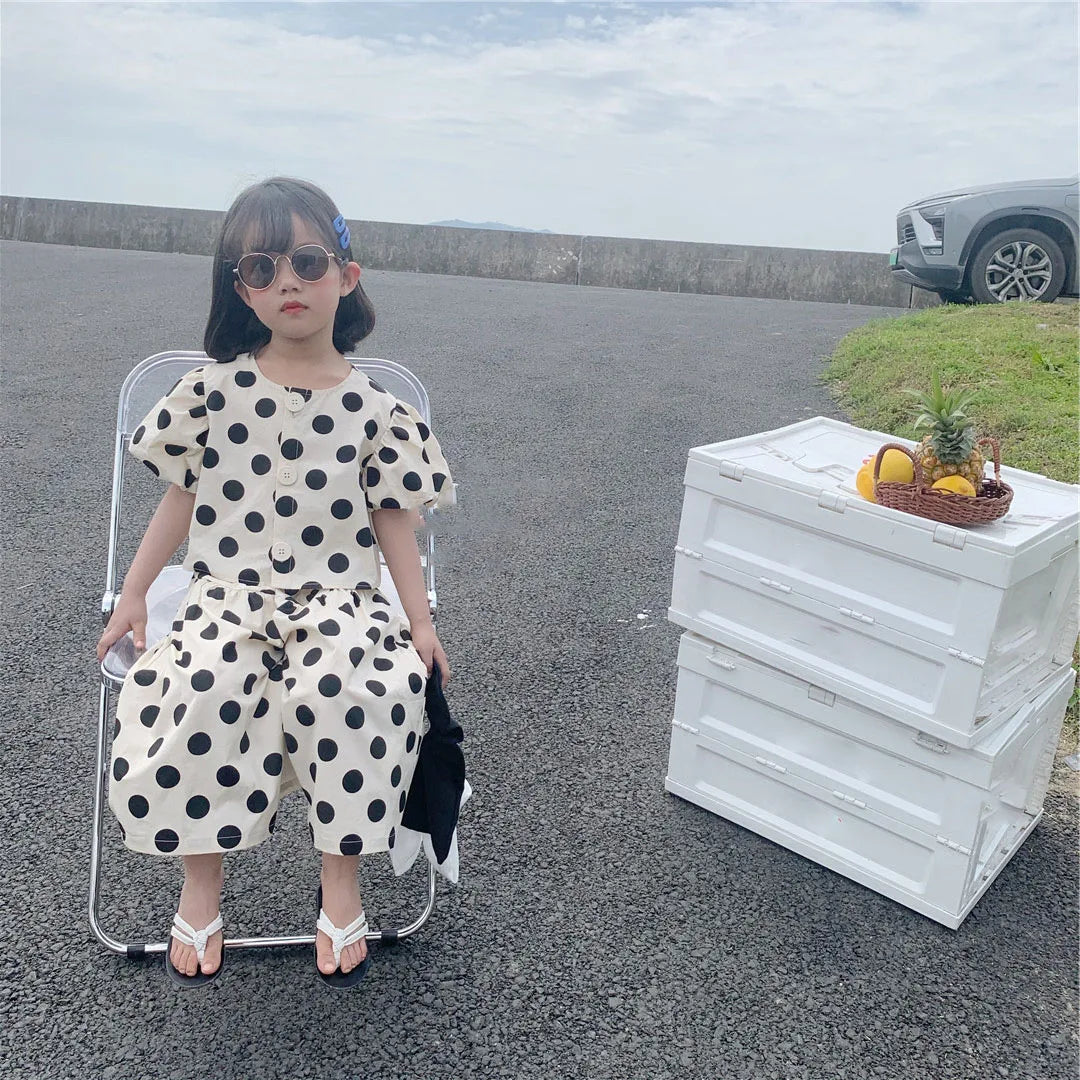 Summer Girls' Clothing Sets Fashion Single-breasted Polka Dot Girls' Shirt Top+Culottes Baby Kids Clothes Suit Children Clothing
