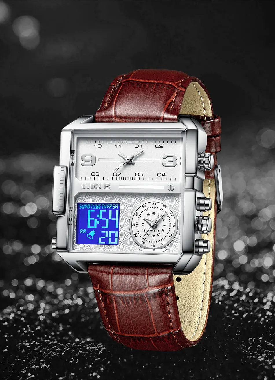 LIGE 2025 Top Brand Luxury Mens Watches Square Digital Sports Quartz Wrist Watch for Men Waterproof Stopwatch Relogio Masculino