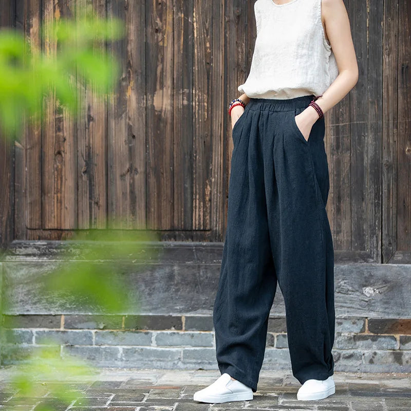 Johnature Women Loose Cotton Linen Casual Pants Solid Color Elastic Waist Lantern Pants 2025 Spring New Female Trousers