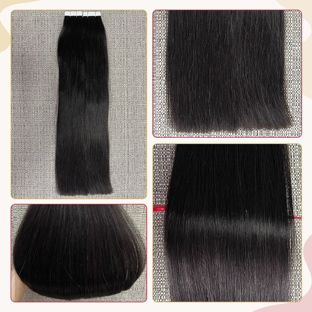 Moresoo Tape in Human Hair Extensions 26Inch 28 Inch Glue on Natural PU Remy Blonde Hair Black Pieces for Women Straight Hair