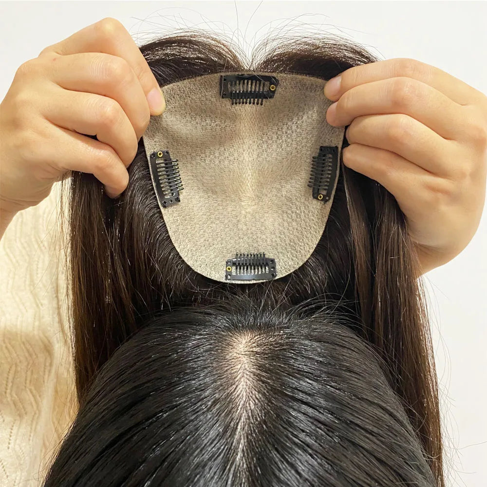 6X6inch Real Human Hair Topper for Women Virgin European Hair Toupee with Clips In Natural Hairline Scalp Base Fine Hairpiece