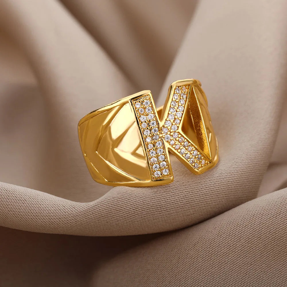 Chunky Zircon Initial Letter Rings For Women Stainless Steel Hip Hop Jewelry