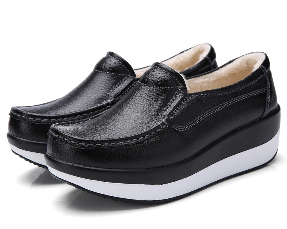 Women's Spring Autumn Genuine Leather Loafers - Fall Slip-On Round Toe Navy Platform Casual Flat Shoes