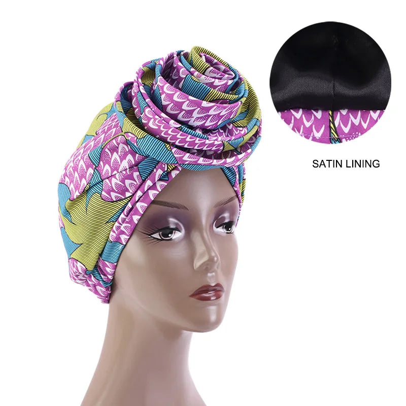 African Print Stretch Bandana Head Wrap Long Scarf Satin Floral Ankara Dashiki Women Party Turban Headwear Cap Hair Accessories
