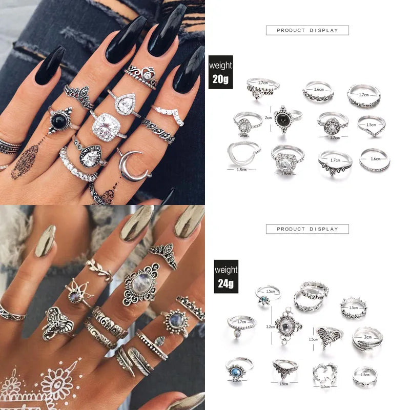 12pcs/Set Fashion Elephant Knuckle Rings Set For Women Crystal Stone Feather finger Ring Female Boho Party Jewelry Gift