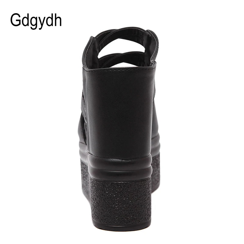 Gdgydh Open Toe Platform Mules Sandals Wedges Shoes For Women American High Heels Hollow Out Black Vegan Leather Backless