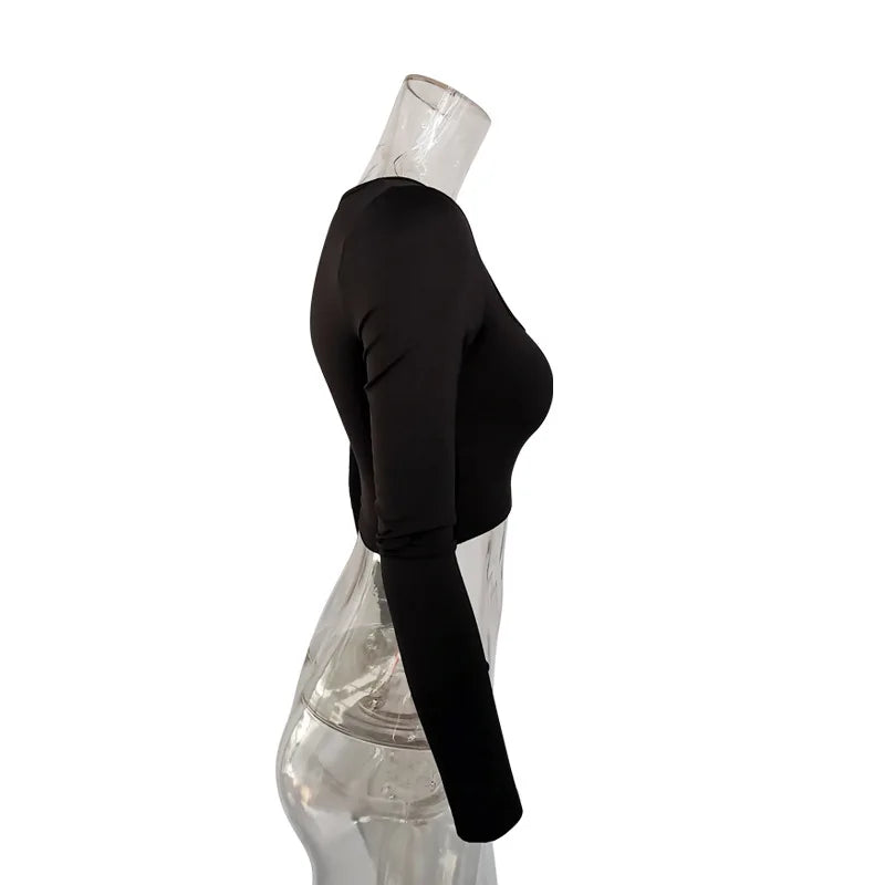 Women Summer Spring Crop Top Square Neck Long Sleeve Black White Tee