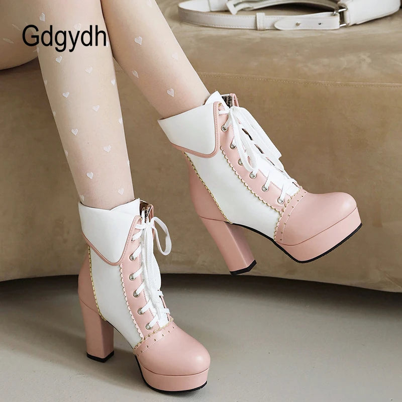 Gdgydh Korean Sweet Cosplay Lolita Shoes Women Ankle Boots High Heels Ruffles Dress Wedding Shoes Bride Mixed Colors Lace Up