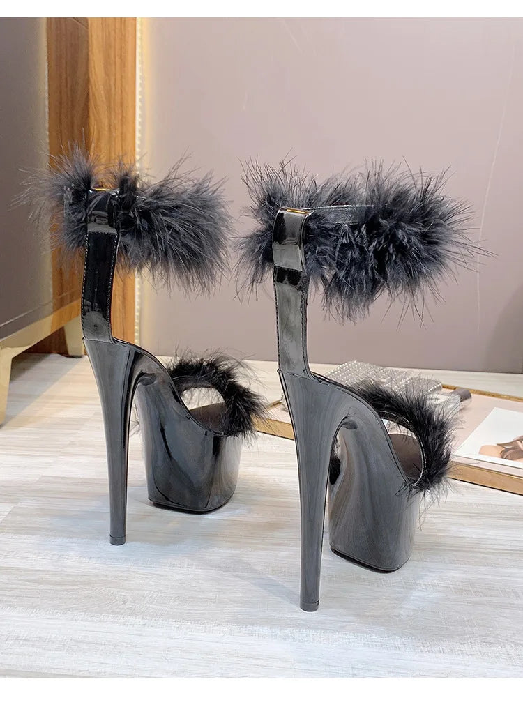 17CM Fur Womens Party Shoes Fashion 2023 Summer Sexy Exquisite Open Toe Ladies Shoes Female Stiletto Super High Heel Sandals