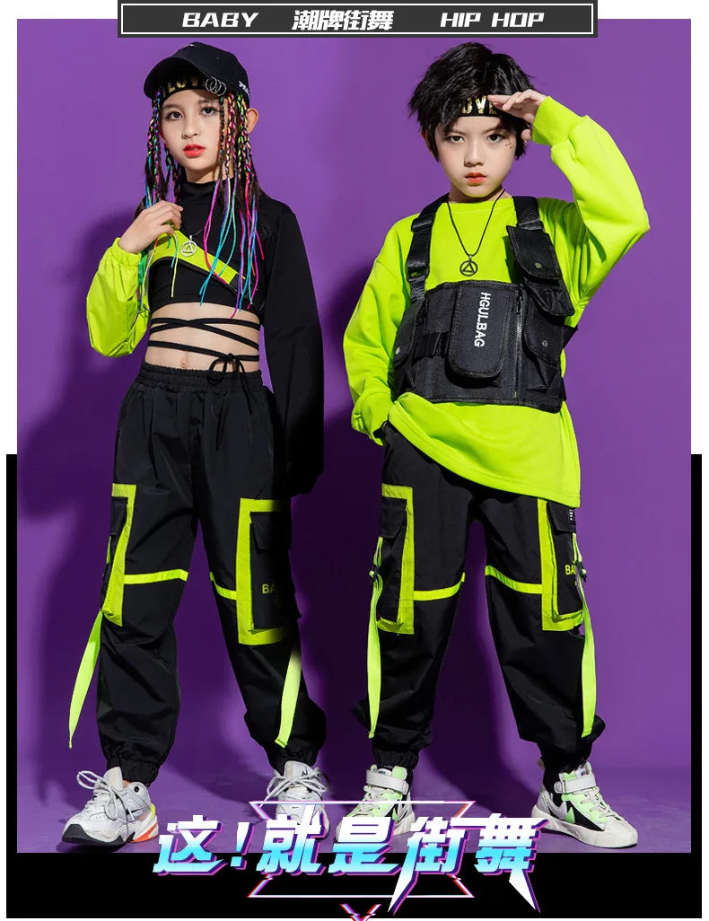 Boys Hip Hop Cool Vest Girls Cargo Pant Outfit Child Sweatshirt Chest Bag Joggers Street Dance Kids Streetwear Costume Sportwear