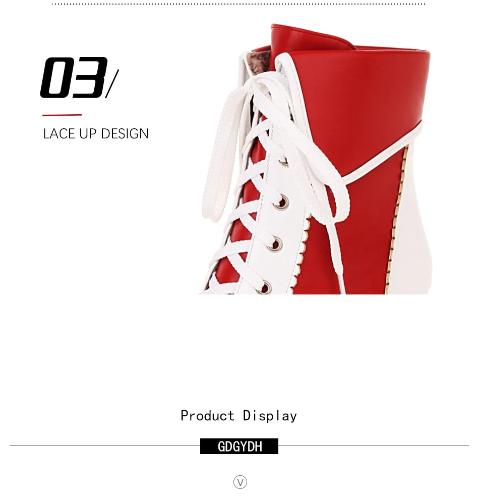 Gdgydh Korean Sweet Cosplay Lolita Shoes Women Ankle Boots High Heels Ruffles Dress Wedding Shoes Bride Mixed Colors Lace Up
