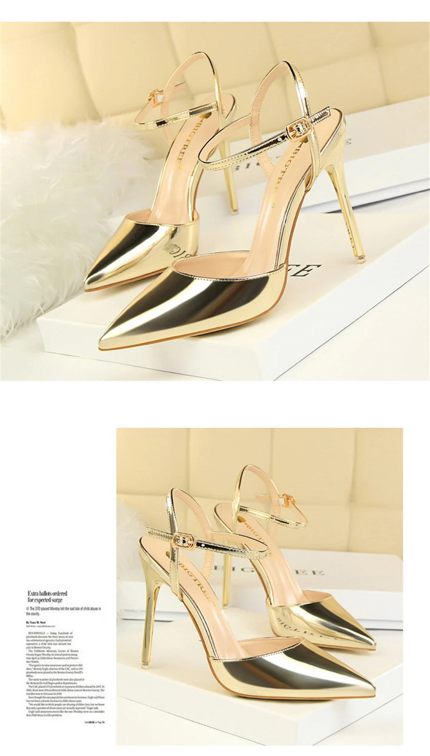 11 Colors Fashion Patent Leather Shallow Women Sandals 2025 Summer Pointy Toe Ankle Buckle High Heels Female Wedding Shoes Party