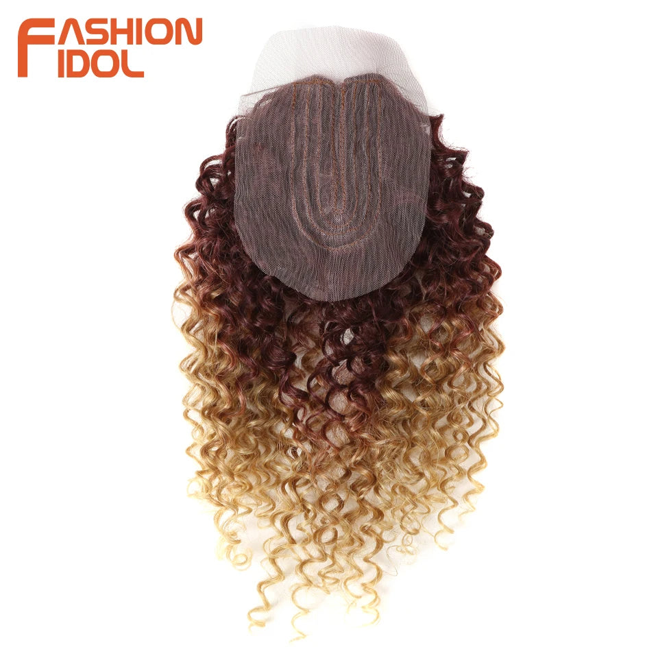 FASHION IDOL Afro Kinky Curly Hair Extensions 16-20 inch Synthetic Hair Bundles Lace With Closure Weave Ombre Blonde Fake Hair