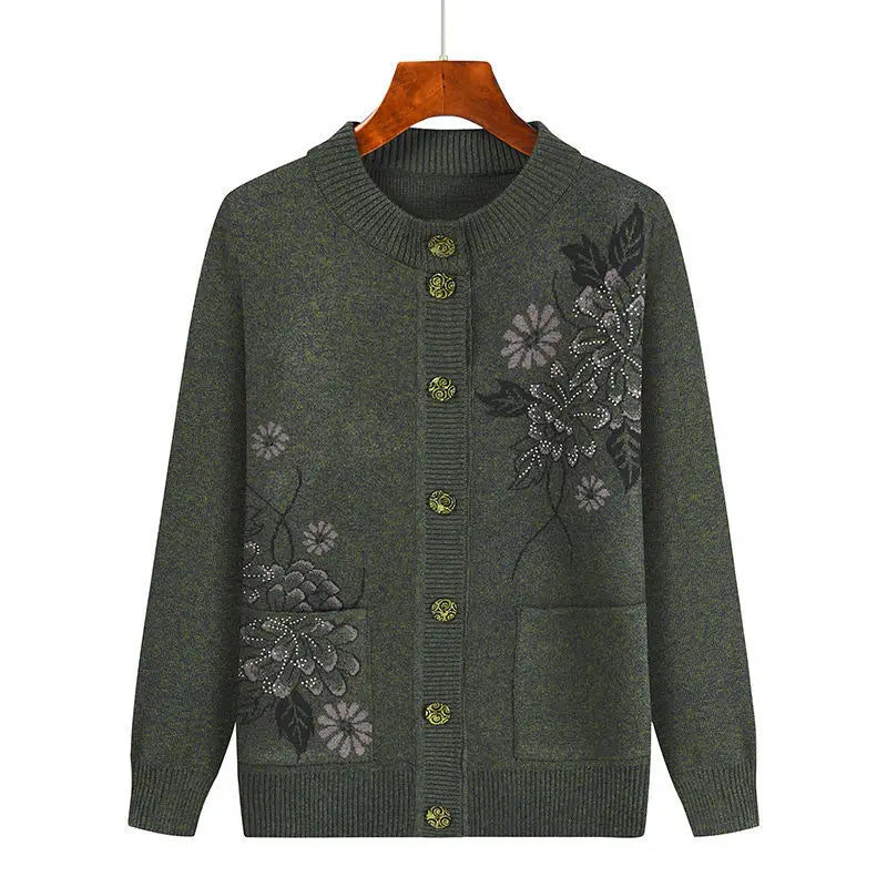 Grandma Embroidered Knit Cardigan Jacket Autumn Winter Loose O Neck Long Sleeve Pocket Sweater Coat Casual Female Outwear Tops