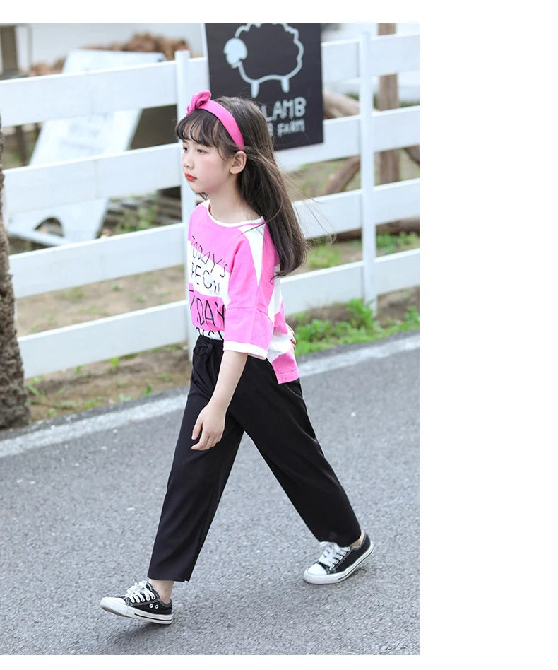 Kids Clothes for Teen Girls Pink Pants 2 To 12 Year Fashion 2022 Summer Green Casual Wide Leg Pants Children Loose Cool Trousers