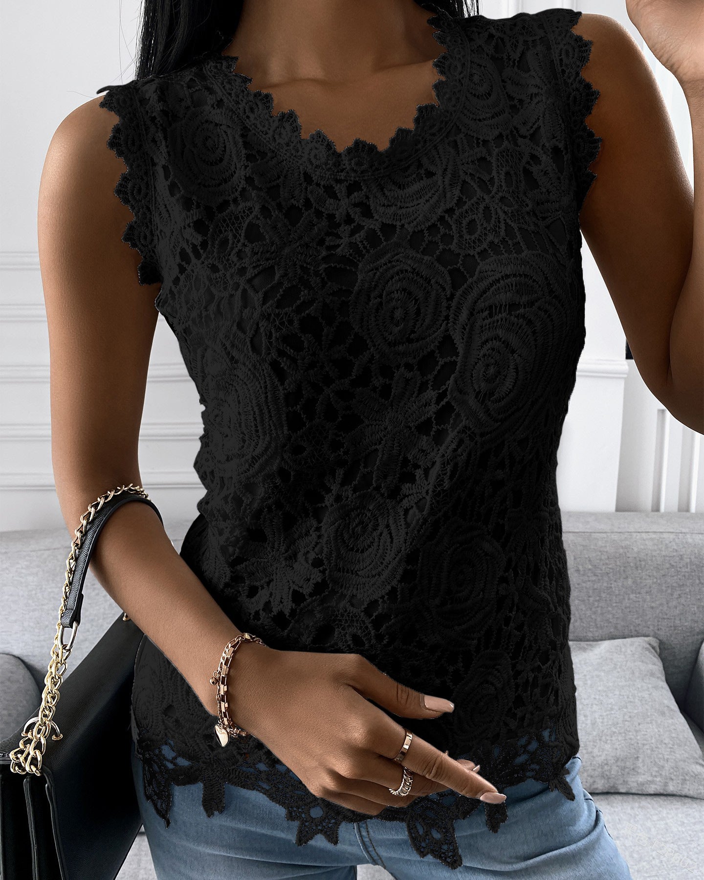 Summer Floral Lace Sleeveless Blouse O Neck Tank Top For Women Rose Pattern