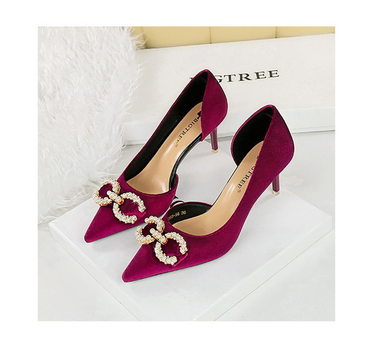 BIGTREE Shoes 7 cm Kitten high heels Rhinestone buckle Pearl Design Women Pumps Suede Ladies Heels Stilettos Luxury party shoes
