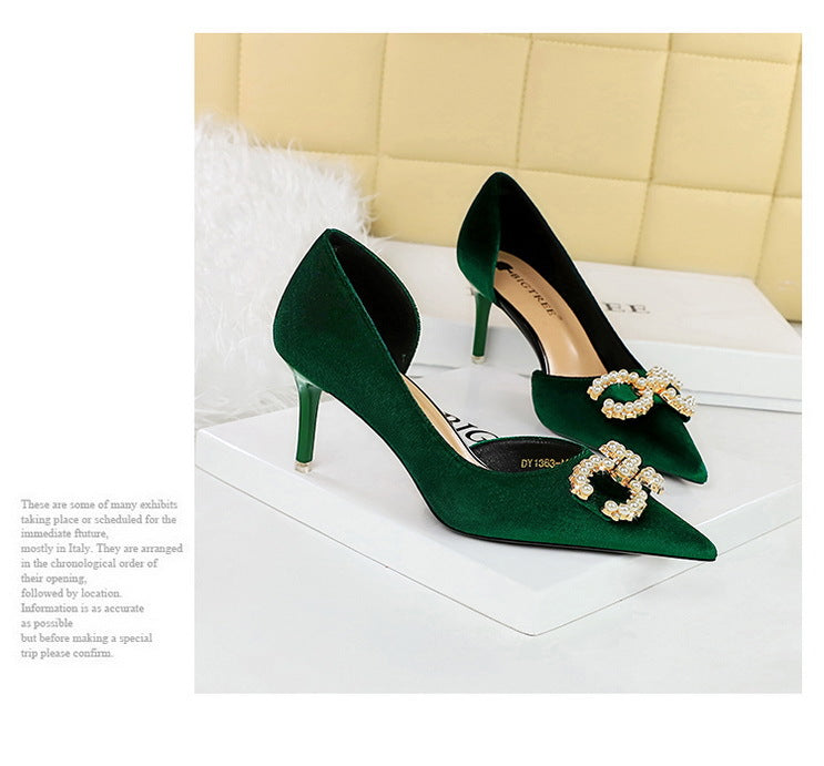 BIGTREE Shoes 7 cm Kitten high heels Rhinestone buckle Pearl Design Women Pumps Suede Ladies Heels Stilettos Luxury party shoes