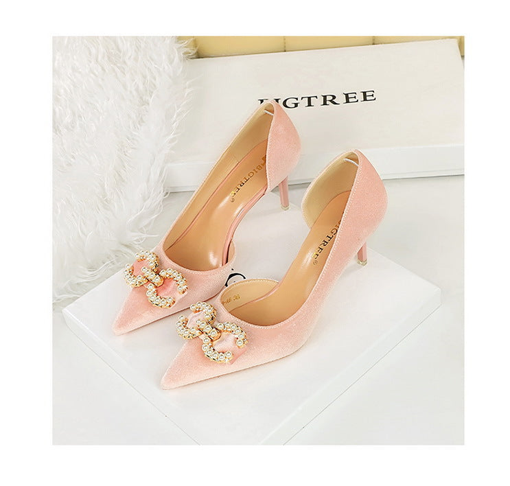 BIGTREE Shoes 7 cm Kitten high heels Rhinestone buckle Pearl Design Women Pumps Suede Ladies Heels Stilettos Luxury party shoes