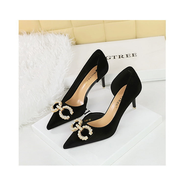 BIGTREE Shoes 7 cm Kitten high heels Rhinestone buckle Pearl Design Women Pumps Suede Ladies Heels Stilettos Luxury party shoes