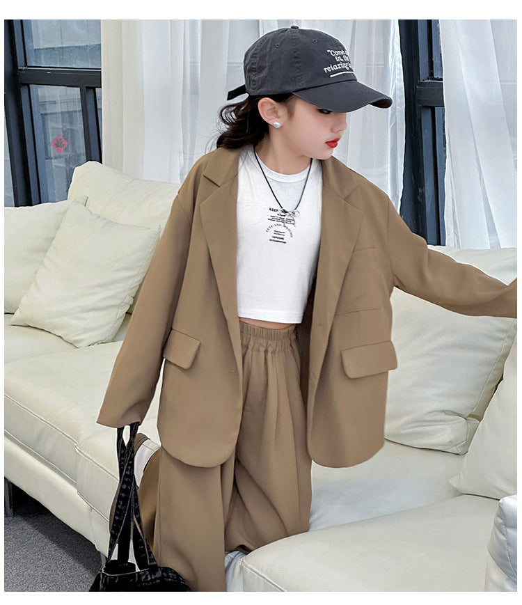 Spring Autumn Girls Blazer Suits Clothing Set Kids Jackets+Pants Fashion Loose Teenage Casual Outfits 4-14 child Casual Costumes