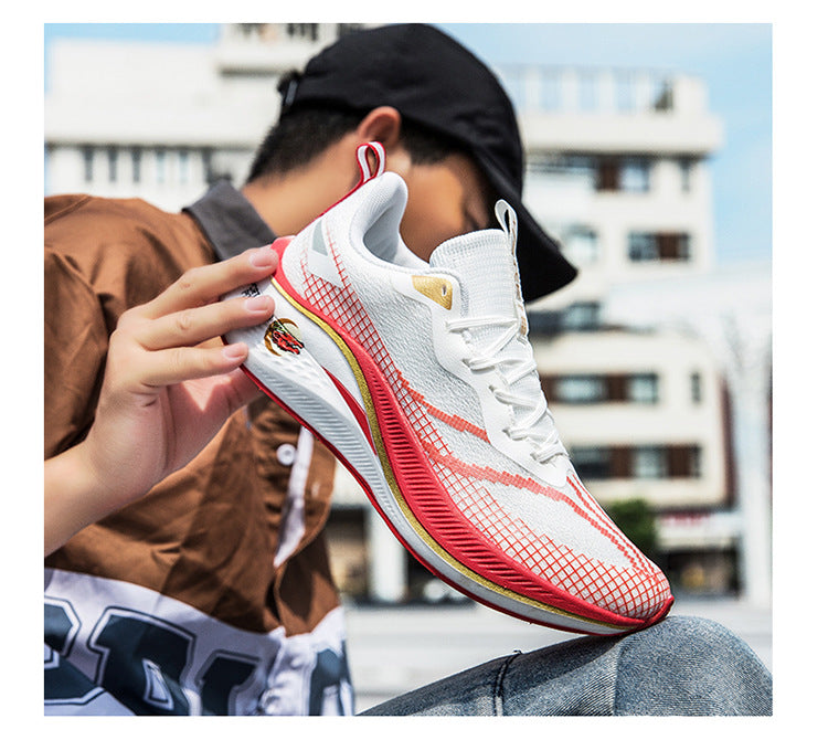 Running Shoes, Sports Shoes, Racing Shock-Absorbing Ultra-Light Running Shoes for Male Teenagers and Students, Carbon Plate Racing Breathable Fly-Woven Mesh