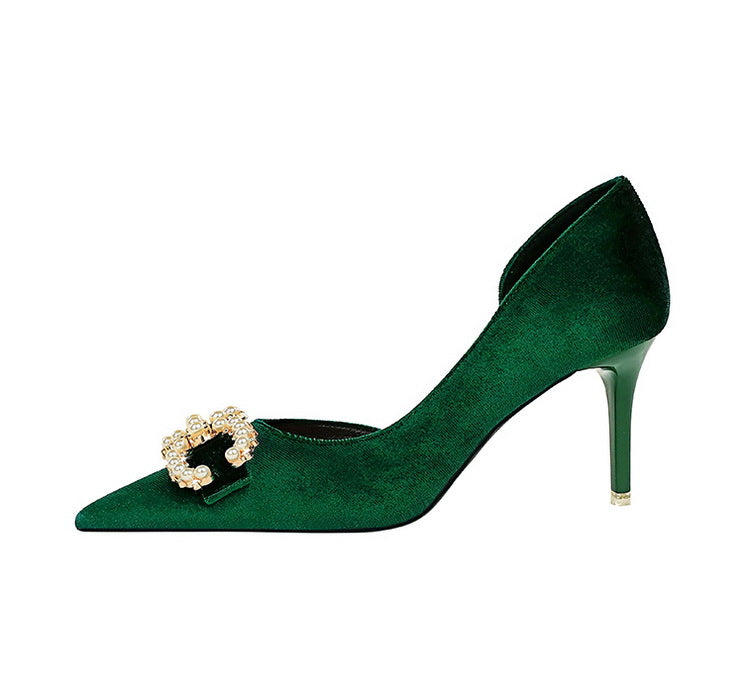BIGTREE Shoes 7 cm Kitten high heels Rhinestone buckle Pearl Design Women Pumps Suede Ladies Heels Stilettos Luxury party shoes