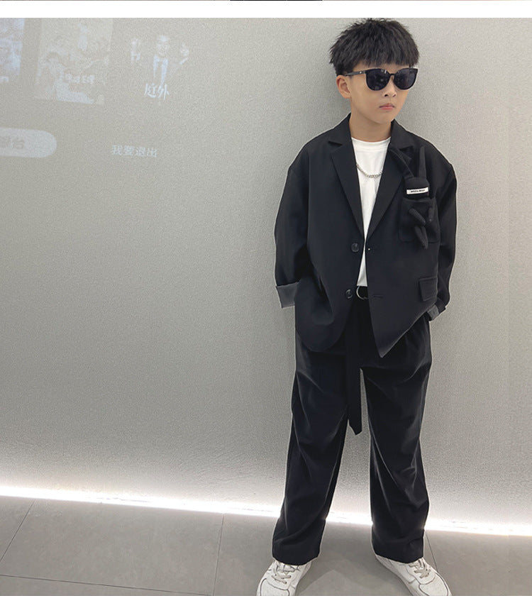School Boys Suits Casual Blazer Wide-legged Trousers Two Piece Kids Clothes Set Khaki Loose Children Wedding Birthday Costumes