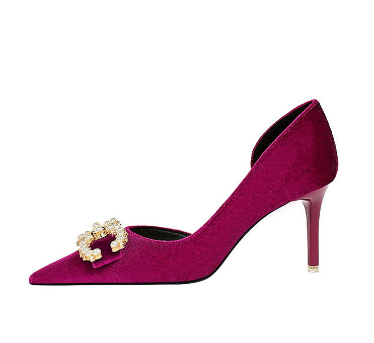 BIGTREE Shoes 7 cm Kitten high heels Rhinestone buckle Pearl Design Women Pumps Suede Ladies Heels Stilettos Luxury party shoes