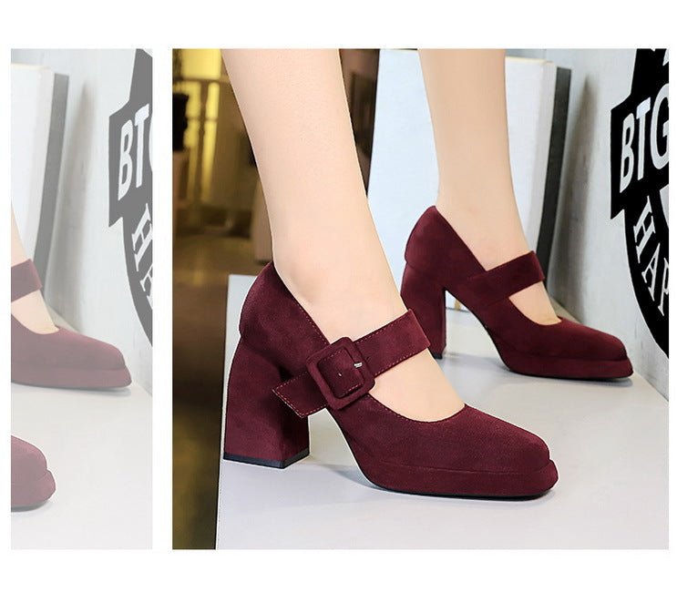BIGTREE shoes Spring Chunky Women Pumps Belt buckle High Heels Square headed platform heels Suede Block Heels Ladies shoes New
