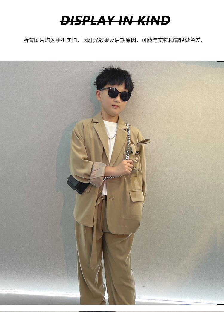 School Boys Suits Casual Blazer Wide-legged Trousers Two Piece Kids Clothes Set Khaki Loose Children Wedding Birthday Costumes