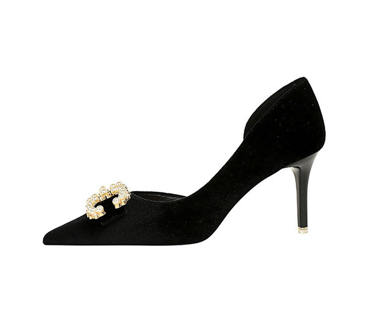 BIGTREE Shoes 7 cm Kitten high heels Rhinestone buckle Pearl Design Women Pumps Suede Ladies Heels Stilettos Luxury party shoes