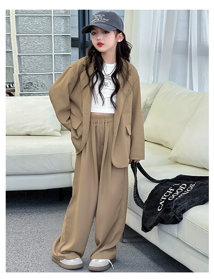 Spring Autumn Girls Blazer Suits Clothing Set Kids Jackets+Pants Fashion Loose Teenage Casual Outfits 4-14 child Casual Costumes